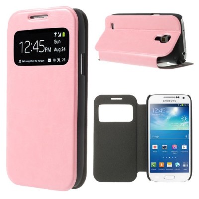 Samsung Galaxy S4 mini i9195 S View atverčiamas rožinis odinis dėklas / Priedai.lt