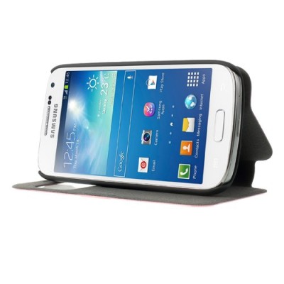 Samsung Galaxy S4 mini i9195 S View atverčiamas rožinis odinis dėklas / Priedai.lt