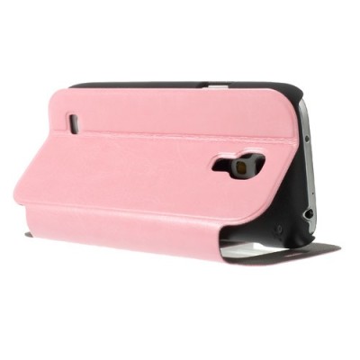 Samsung Galaxy S4 mini i9195 S View atverčiamas rožinis odinis dėklas / Priedai.lt