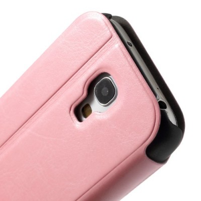 Samsung Galaxy S4 mini i9195 S View atverčiamas rožinis odinis dėklas / Priedai.lt