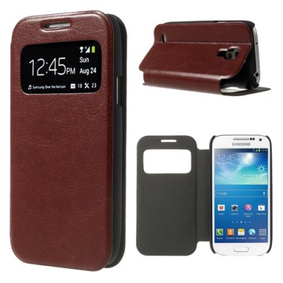 Samsung Galaxy S4 mini i9195 S View atvēramais brūns ādas futrālis / Vacins.lv