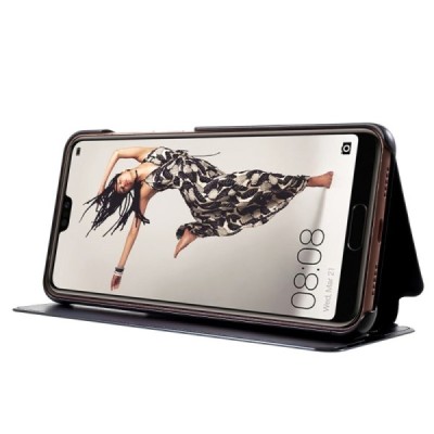 Huawei P20 Pro plastmasas atvērams melns ādas maciņš | Vacins.lv