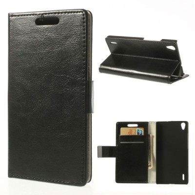 Huawei Ascend P7 atverčiamas juodas odinis dėklas - piniginė / Priedai.lt
