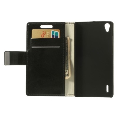 Huawei Ascend P7 atverčiamas juodas odinis dėklas - piniginė / Priedai.lt