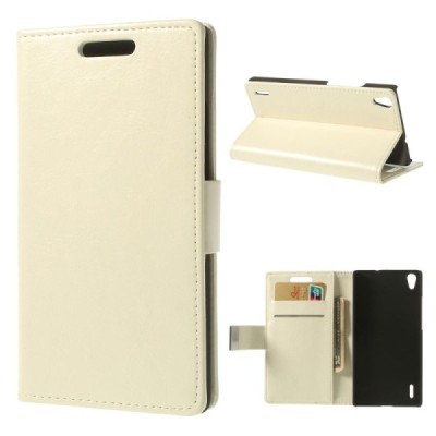 Huawei Ascend P7 atverčiamas baltas odinis dėklas - piniginė / Priedai.lt