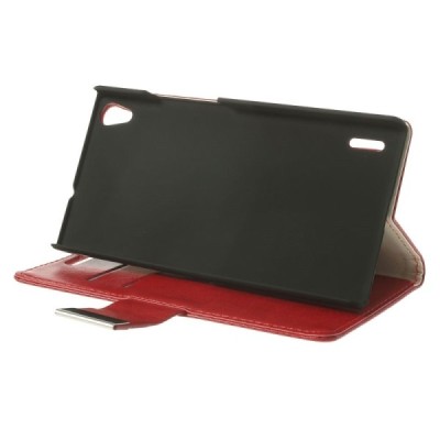 Huawei Ascend P7 atverčiamas raudonas odinis dėklas - piniginė / Priedai.lt