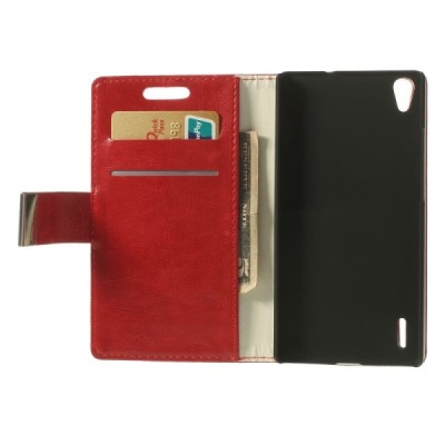 Huawei Ascend P7 atverčiamas raudonas odinis dėklas - piniginė / Priedai.lt