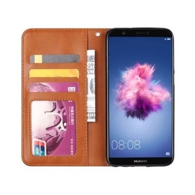 Huawei P smart 2018 (Enjoy 7S) „Daisy“ atverčiamas raudonas odinis dėklas, knygutė - piniginė | Priedai.lt