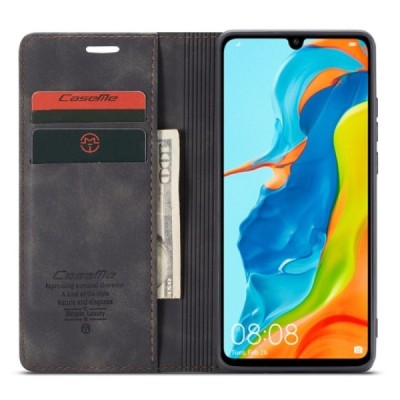 Huawei P30 Lite CaseMe Retro solīds atvēramais ādas melns maciņš - maks | Vacins.lv