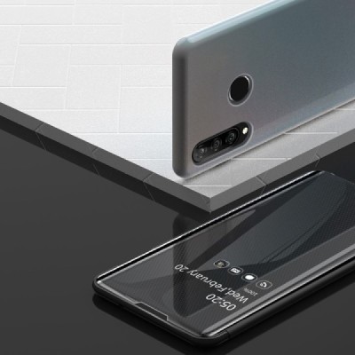 Huawei P30 Lite plastmasas atvērams melns ādas maciņš | Vacins.lv