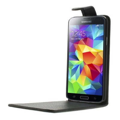 Samsung Galaxy S5 (S5 Neo) klasisks ādas vertikāli atvēramais melns futrālis / Vacins.lv