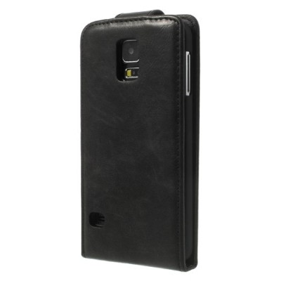 Samsung Galaxy S5 (S5 Neo) klasisks ādas vertikāli atvēramais melns futrālis / Vacins.lv
