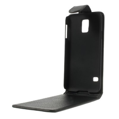 Samsung Galaxy S5 (S5 Neo) klasisks ādas vertikāli atvēramais melns futrālis / Vacins.lv