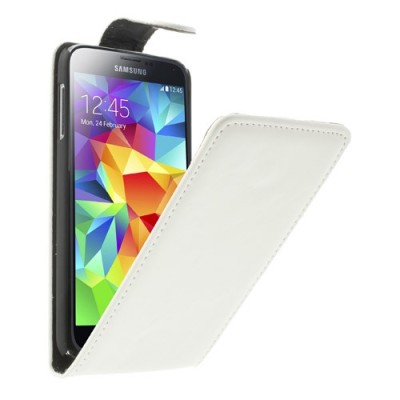 Samsung Galaxy S5 (S5 Neo) klasikinis atverčiamas baltas odinis dėklas / Priedai.lt
