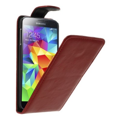 Samsung Galaxy S5 (S5 Neo) klasisks ādas vertikāli atvēramais sarkans futrālis / Vacins.lv