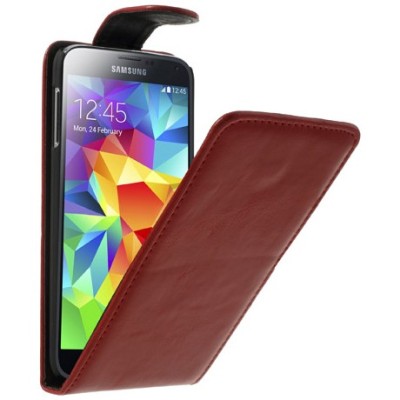 Samsung Galaxy S5 (S5 Neo) klasikinis atverčiamas raudonas odinis dėklas / Priedai.lt