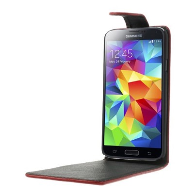 Samsung Galaxy S5 (S5 Neo) klasikinis atverčiamas raudonas odinis dėklas / Priedai.lt