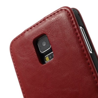 Samsung Galaxy S5 (S5 Neo) klasikinis atverčiamas raudonas odinis dėklas / Priedai.lt
