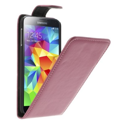 Samsung Galaxy S5 (S5 Neo) klasikinis atverčiamas rožinis odinis dėklas / Priedai.lt