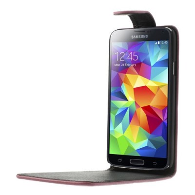 Samsung Galaxy S5 (S5 Neo) klasikinis atverčiamas rožinis odinis dėklas / Priedai.lt