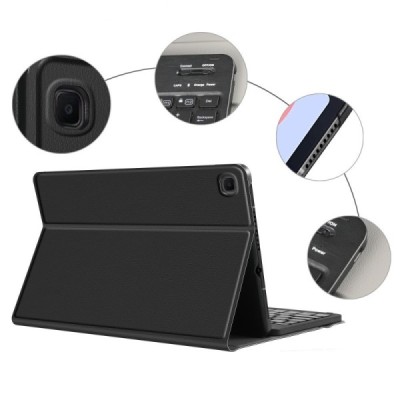 Samsung Galaxy Tab S6 Lite 10.4 (P615, P610, P613, P619) atverčiamas juodas odinis dėklas su bluetooth belaide klaviatūra | Prie