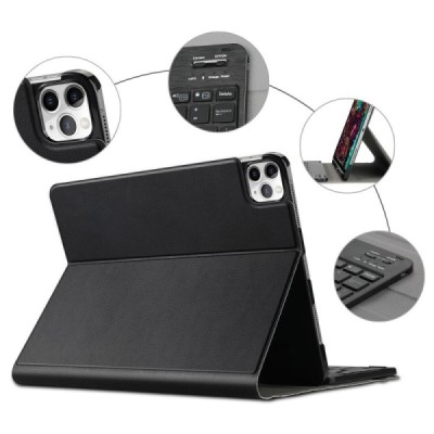 Apple iPad Pro 11 (2021, 2020, 2018, Air 4 2020) ādas atvēramais melns futrālis ar bluetooth tastatūra | Vacins.lv