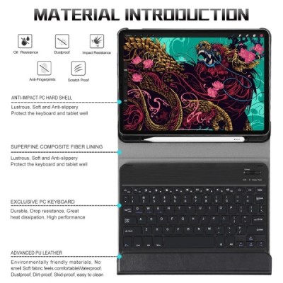 Apple iPad Pro 11 (2021, 2020, 2018, Air 4 2020) ādas atvēramais melns futrālis ar bluetooth tastatūra | Vacins.lv
