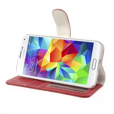 Samsung Galaxy S5 (S5 Neo) lychee atverčiamas raudonas odinis dėklas - piniginė / Priedai.lt
