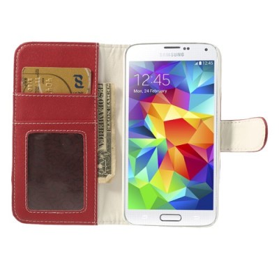 Samsung Galaxy S5 (S5 Neo) lychee atverčiamas raudonas odinis dėklas - piniginė / Priedai.lt