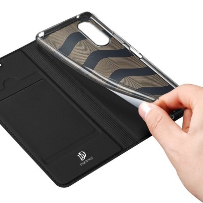 Sony Xperia 10 II „Dux Ducis“ Skin sērijas melns ādas atvērams maciņš | Vacins.lv