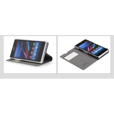 Rock Excel Sony Xperia Z1 Compact juodas atverčiamas odinis s view dėklas / Priedai.lt