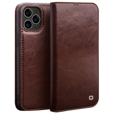 Apple iPhone 12 (12 Pro) „QIALINO“ atvēramais ādas brūns maciņš - maks | Vacins.lv