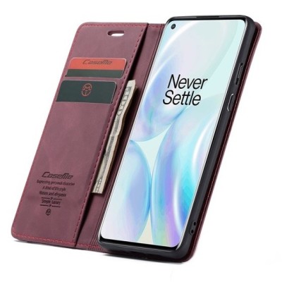 OnePlus 8 CaseMe Retro solīds atvēramais ādas bordo maciņš - maks | Vacins.lv