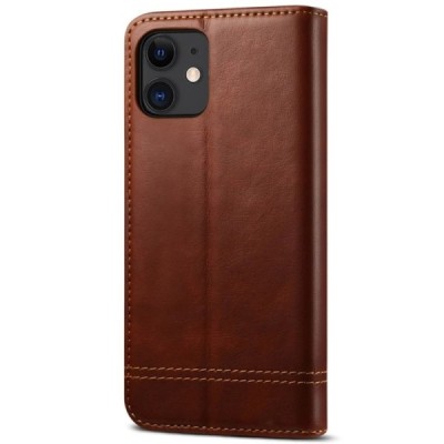 Apple iPhone 12 Mini Deluxe ādas atvēramais tumši brūns maciņš (maks) | Vacins.lv