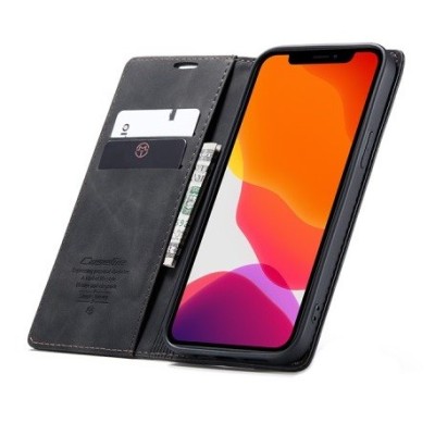 Apple iPhone 12 Mini CaseMe Retro solidus atverčiamas juodas odinis dėklas - knygutė | Priedai.lt