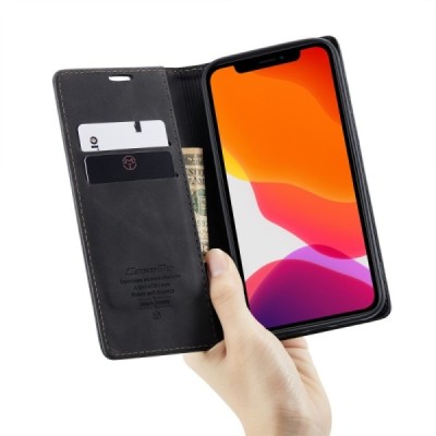 Apple iPhone 12 Pro Max CaseMe Retro solīds atvēramais ādas melns maciņš - maks | Vacins.lv