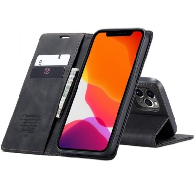 Apple iPhone 12 Pro Max CaseMe Retro solīds atvēramais ādas melns maciņš - maks | Vacins.lv