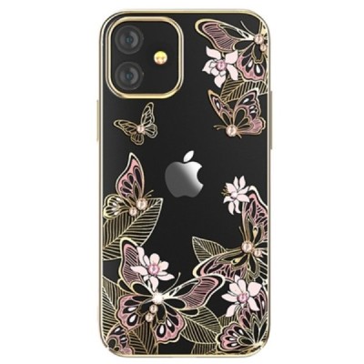Apple iPhone 12 Mini Kingxbar Butterflies Swarovski plastikinis skaidrus permatomas auksinis dėklas su kristalais | Priedai.lt