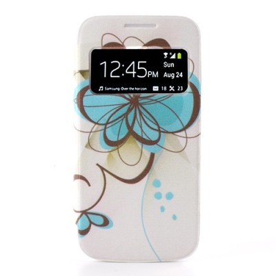 Atverčiamas gėlėtas „S-View“ stiliaus mėlynas Samsung Galaxy S4 Mini dangtelis / Priedai.lt