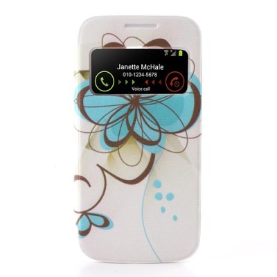 Atverčiamas gėlėtas „S-View“ stiliaus mėlynas Samsung Galaxy S4 Mini dangtelis / Priedai.lt