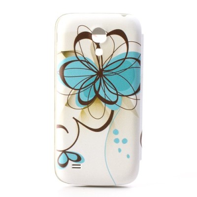 Atverčiamas gėlėtas „S-View“ stiliaus mėlynas Samsung Galaxy S4 Mini dangtelis / Priedai.lt