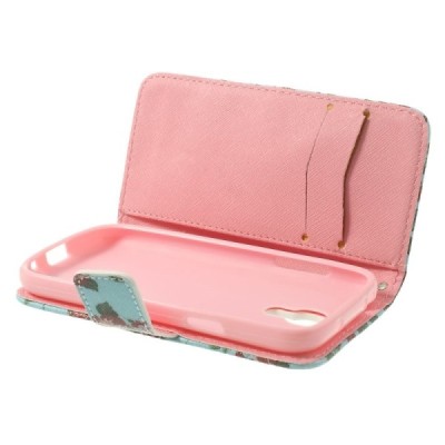 Atverčiamas Samsung Galaxy S4 Mini gėlėtas mėtinis dėklas (piniginė) / Priedai.lt