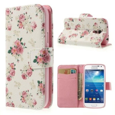 Atverčiamas Samsung Galaxy S4 Mini gėlėtas baltas dėklas (piniginė) / Priedai.lt