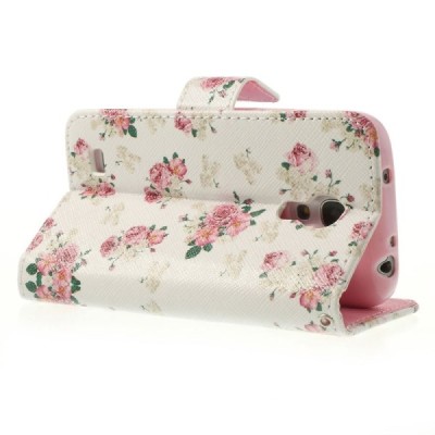 Atverčiamas Samsung Galaxy S4 Mini gėlėtas baltas dėklas (piniginė) / Priedai.lt