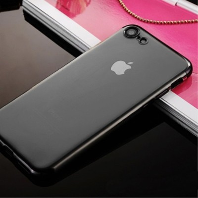 Apple iPhone 7 (iPhone 8, SE 2020) „Sulada“ kieto silikono (TPU) silikoninis skaidrus permatomas plonas dėklas su juodu rėmeliu 