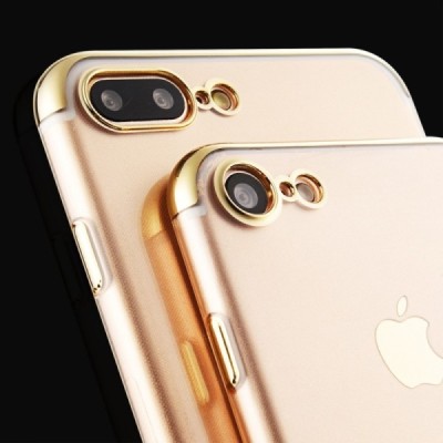 Apple iPhone 7 (iPhone 8, SE 2020) „Sulada“ kieto silikono (TPU) silikoninis skaidrus permatomas plonas dėklas su auksiniu rėmel