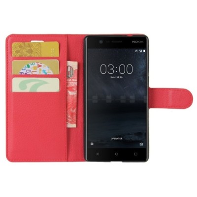 Nokia 3 atverčiamas raudonas odinis Litchi dėklas - piniginė / Priedai.lt
