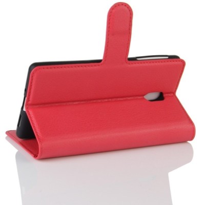 Nokia 3 atverčiamas raudonas odinis Litchi dėklas - piniginė / Priedai.lt