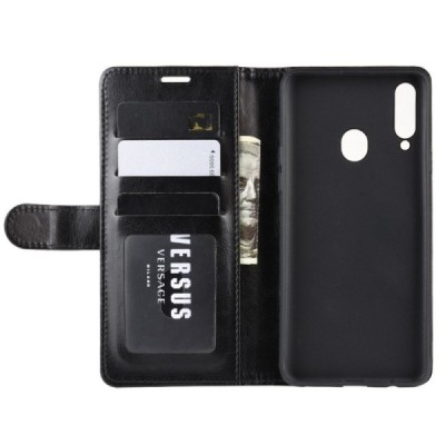 Samsung Galaxy A20s (A207F) atvēramais ādas melns maciņš (maks) / Vacins.lv