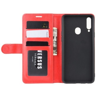 Samsung Galaxy A20s (A207F) atvēramais ādas sarkans maciņš (maks) | Vacins.lv